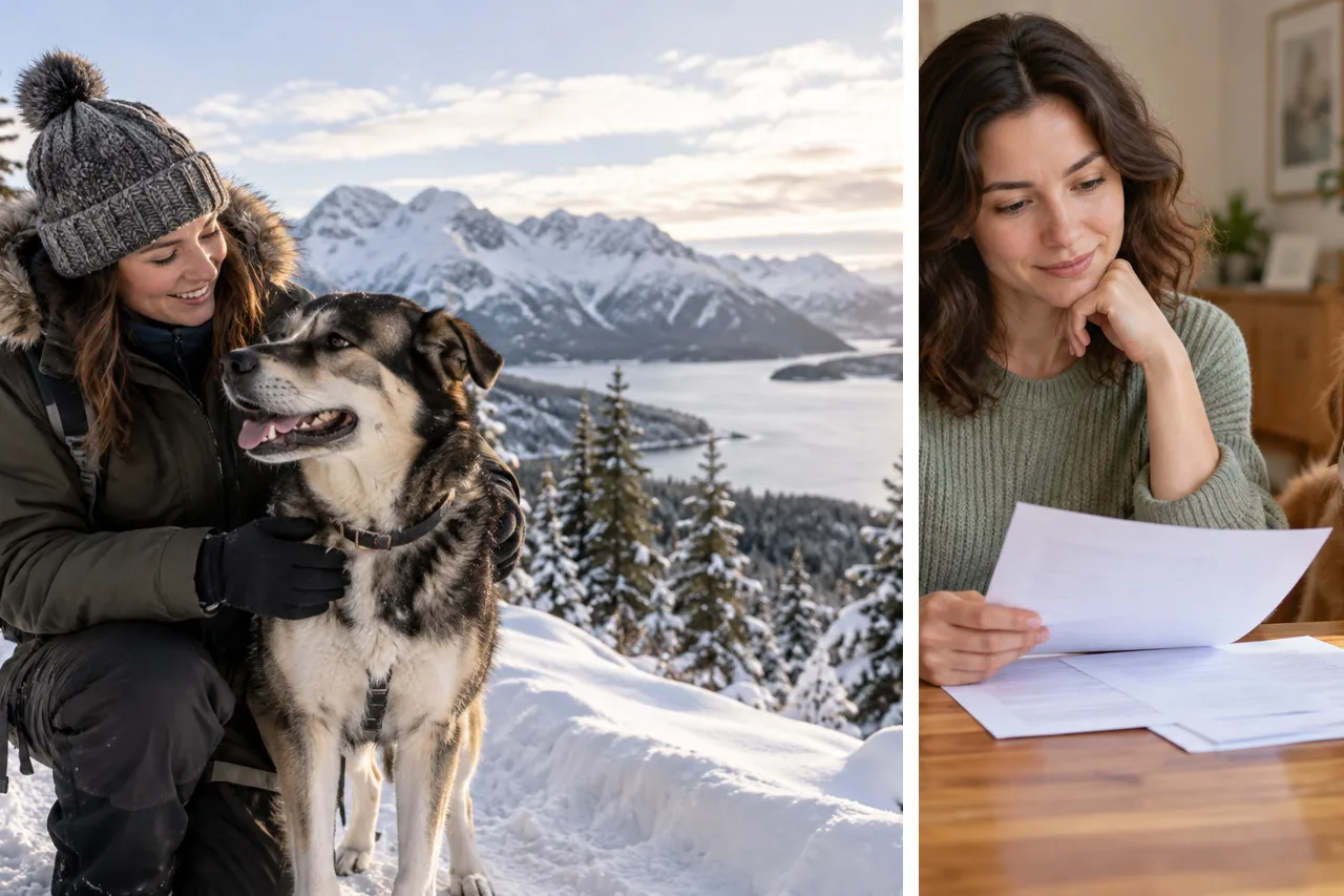 Illustrative split scene of an owner with a dog outdoors and an owner reviewing documents