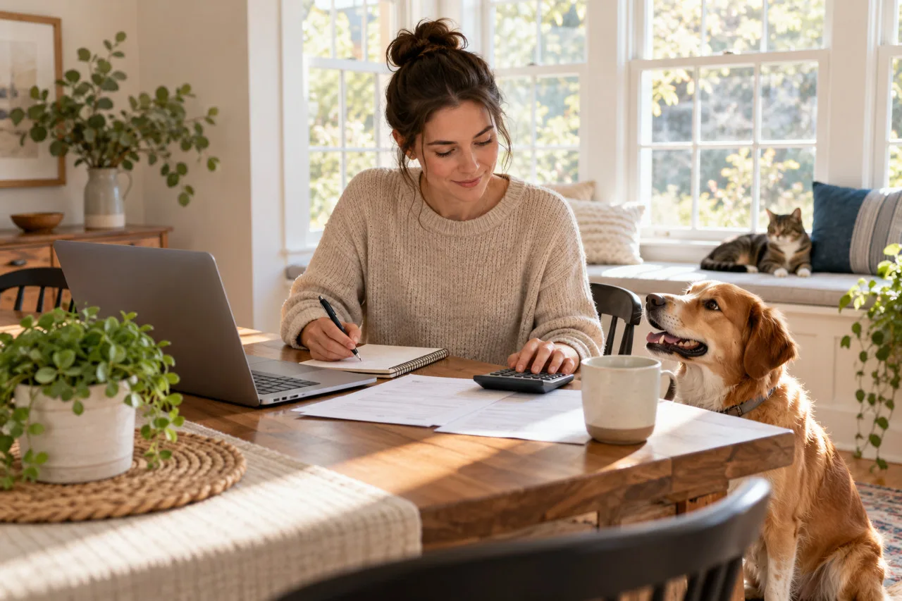 Owner comparing documents at home with a dog and cat nearby